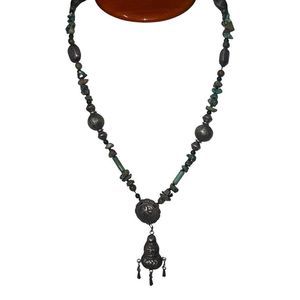 Antique Ethnic Tribal Old Sterling Silver Raw Turquoise Gemstone Beaded Necklace